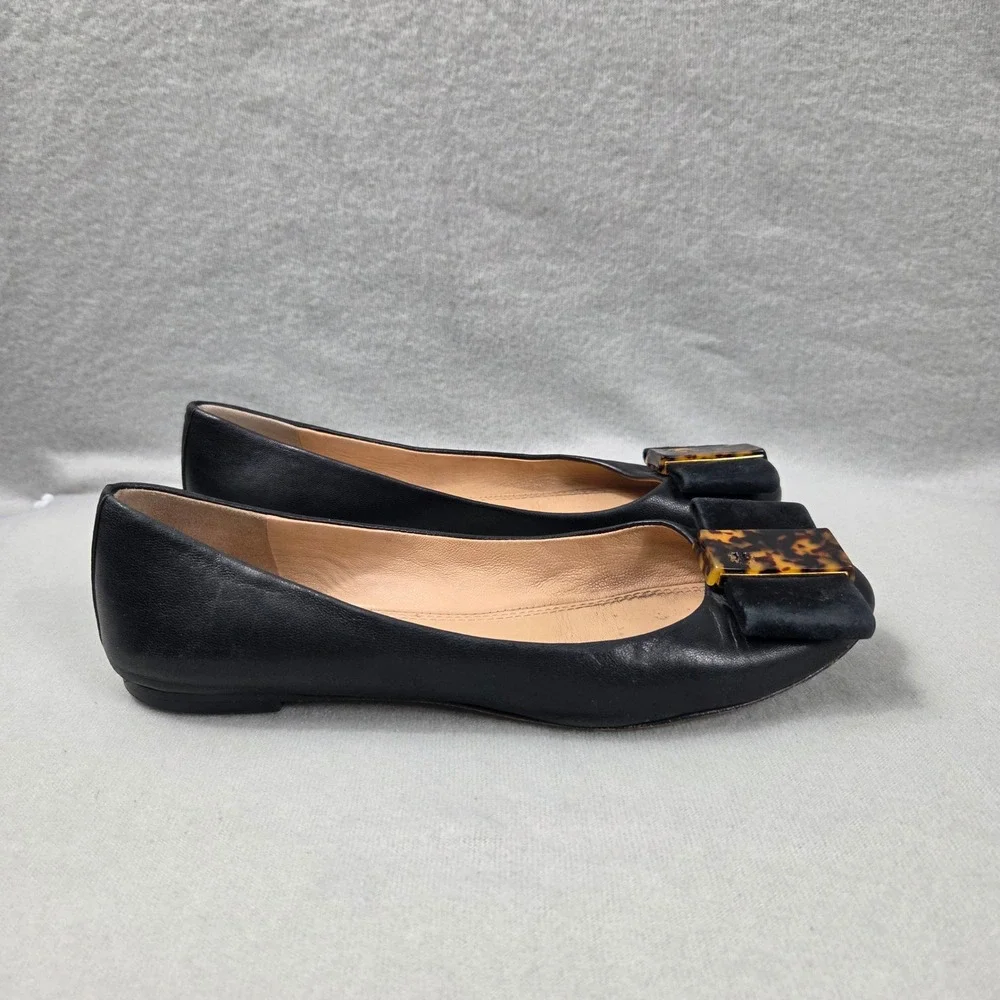 Tory Burch Black Leather Ballet Flats Tortoiseshell Bow Logo Buckle Womens 6M